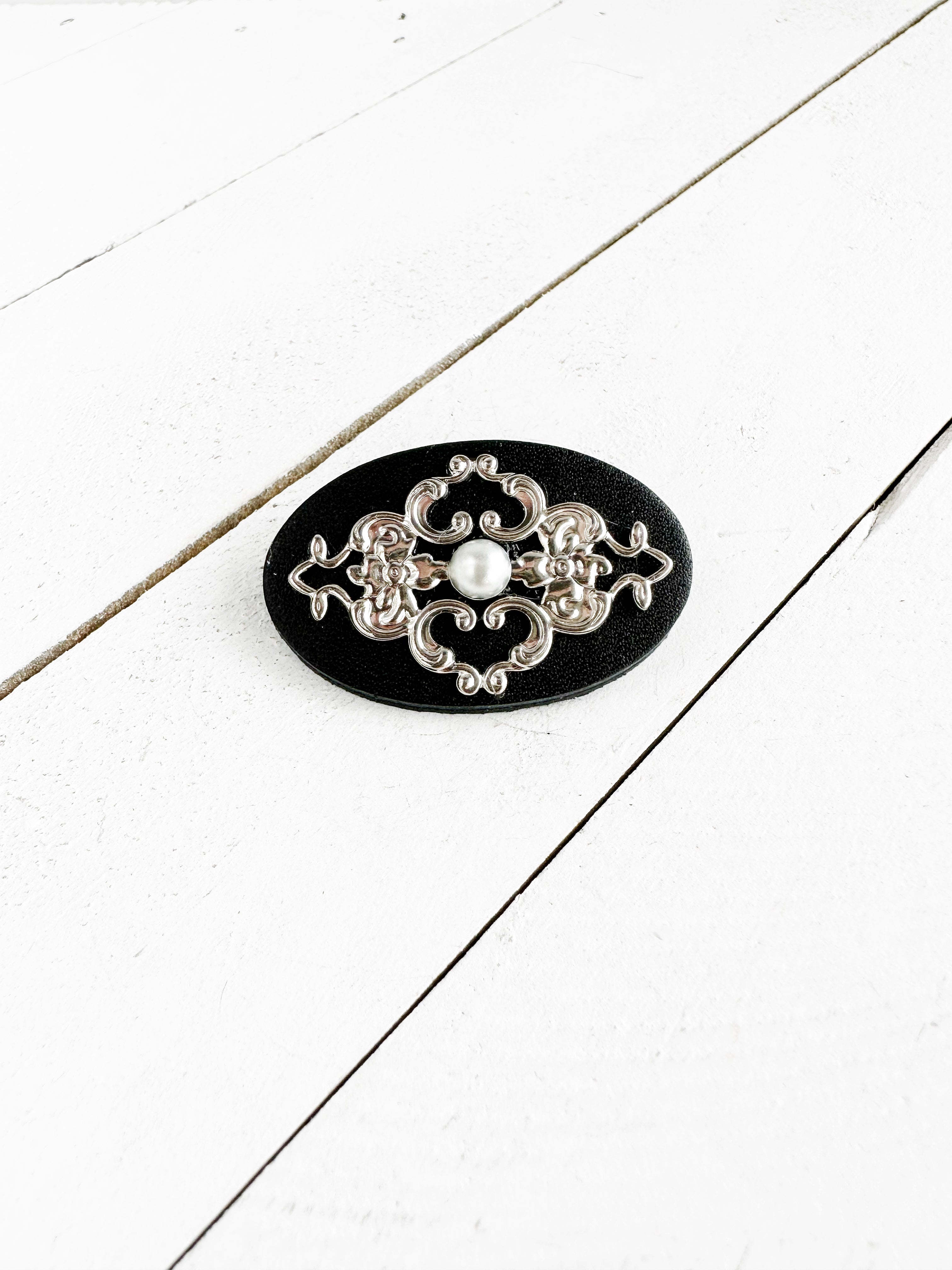 "Romantics" Silver on Black Leather Cinch Pins