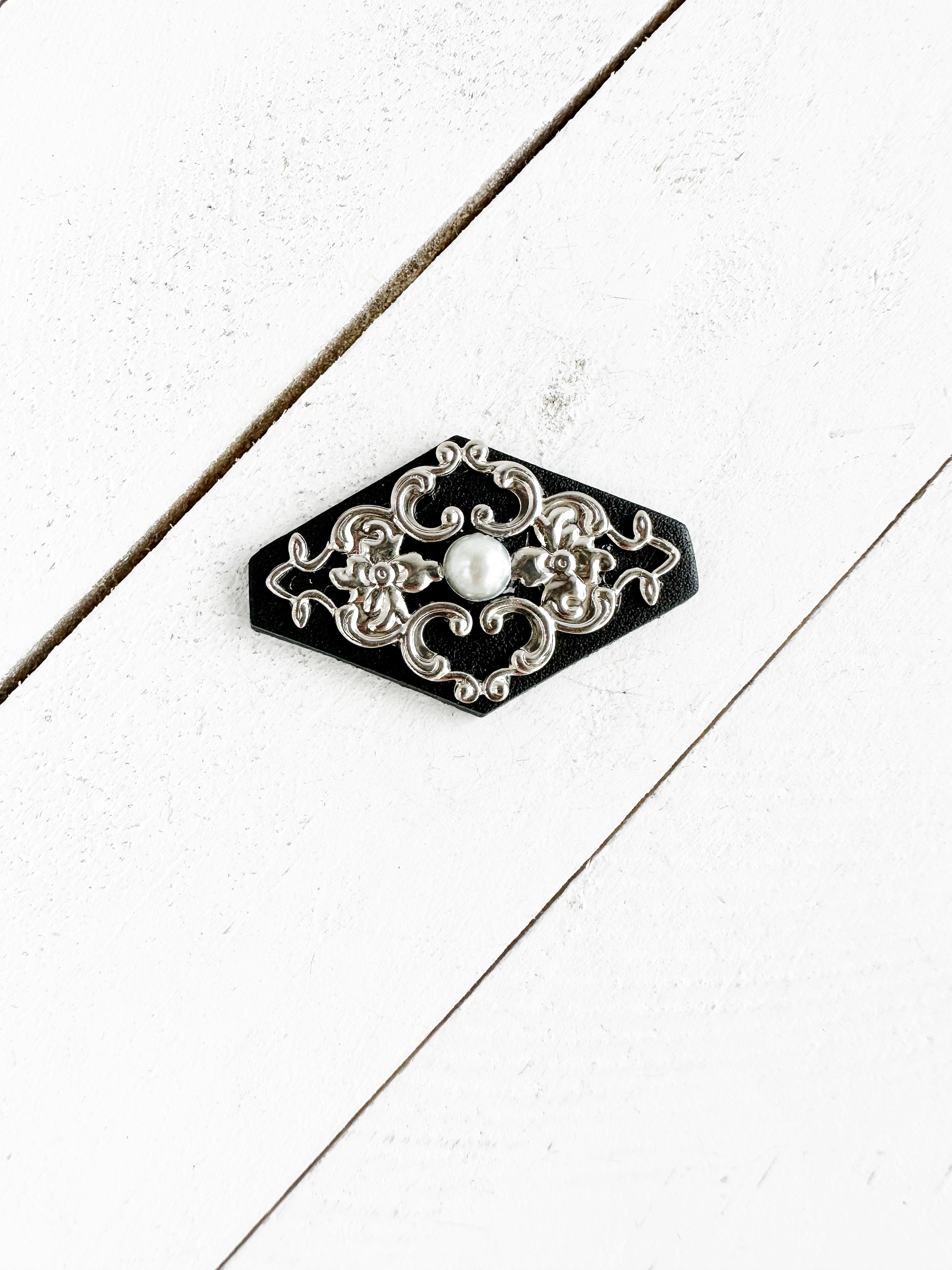 "Romantics" Silver on Black Leather Cinch Pins