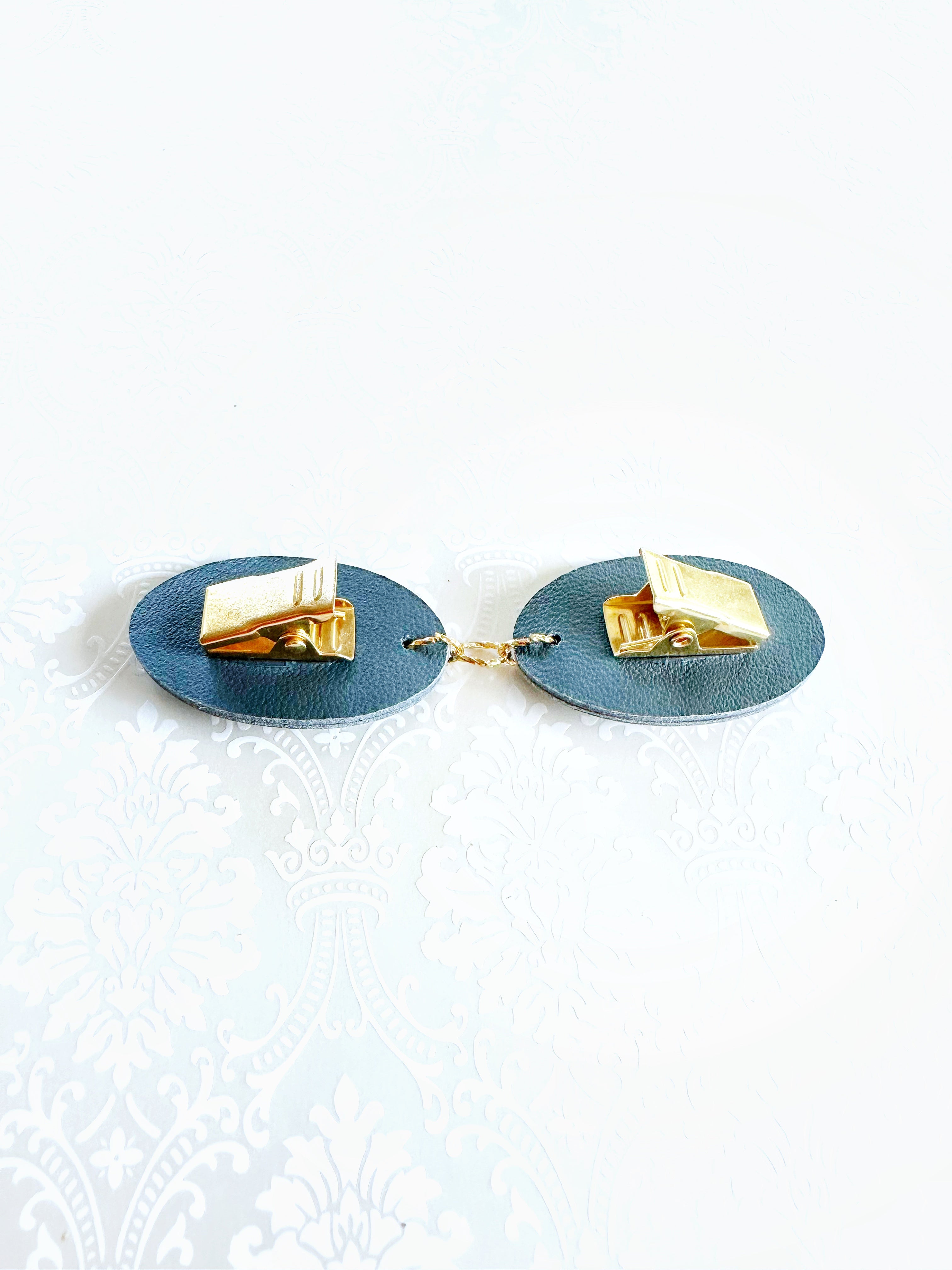 "Romantics" Gold on Blue Leather Cinch Clips