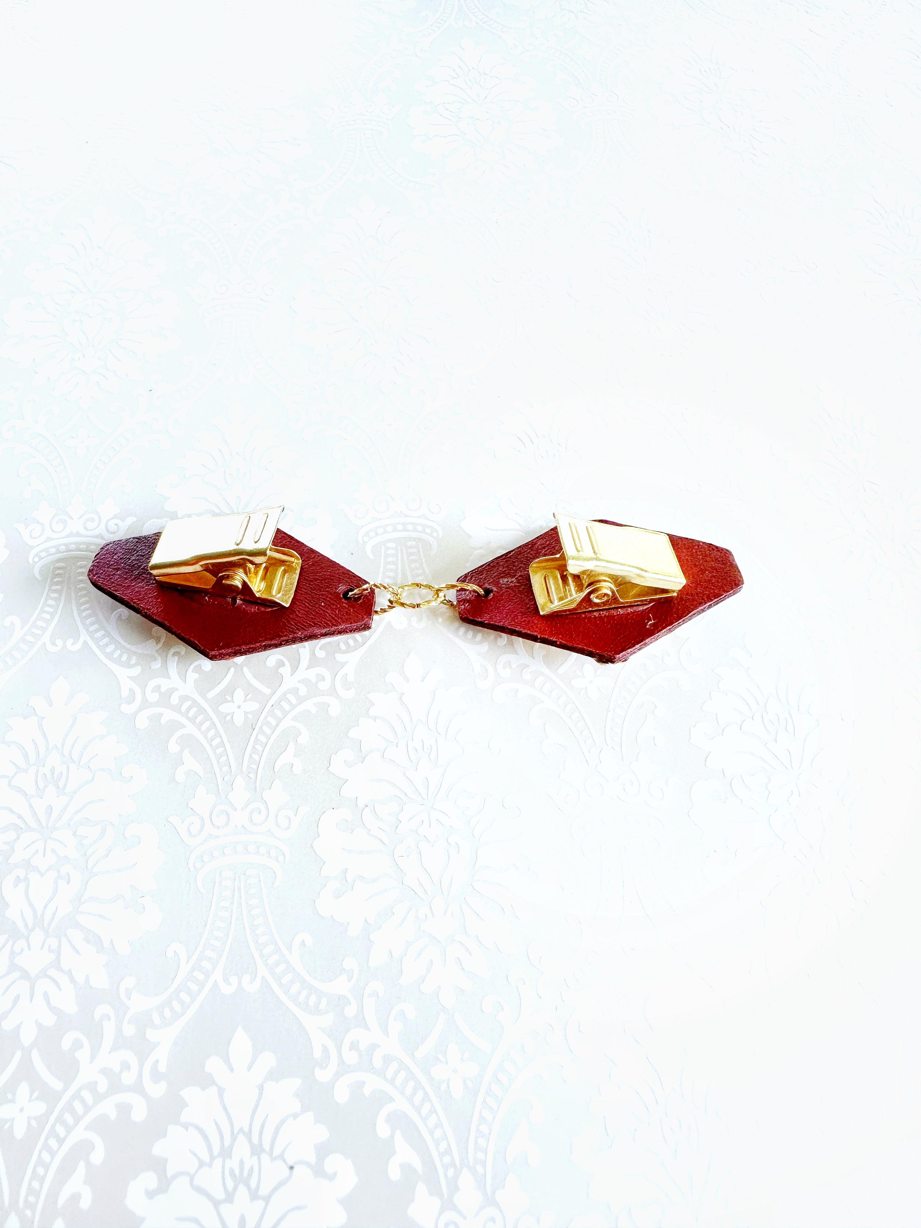 "Romantics" Gold on Red Leather Cinch Clips