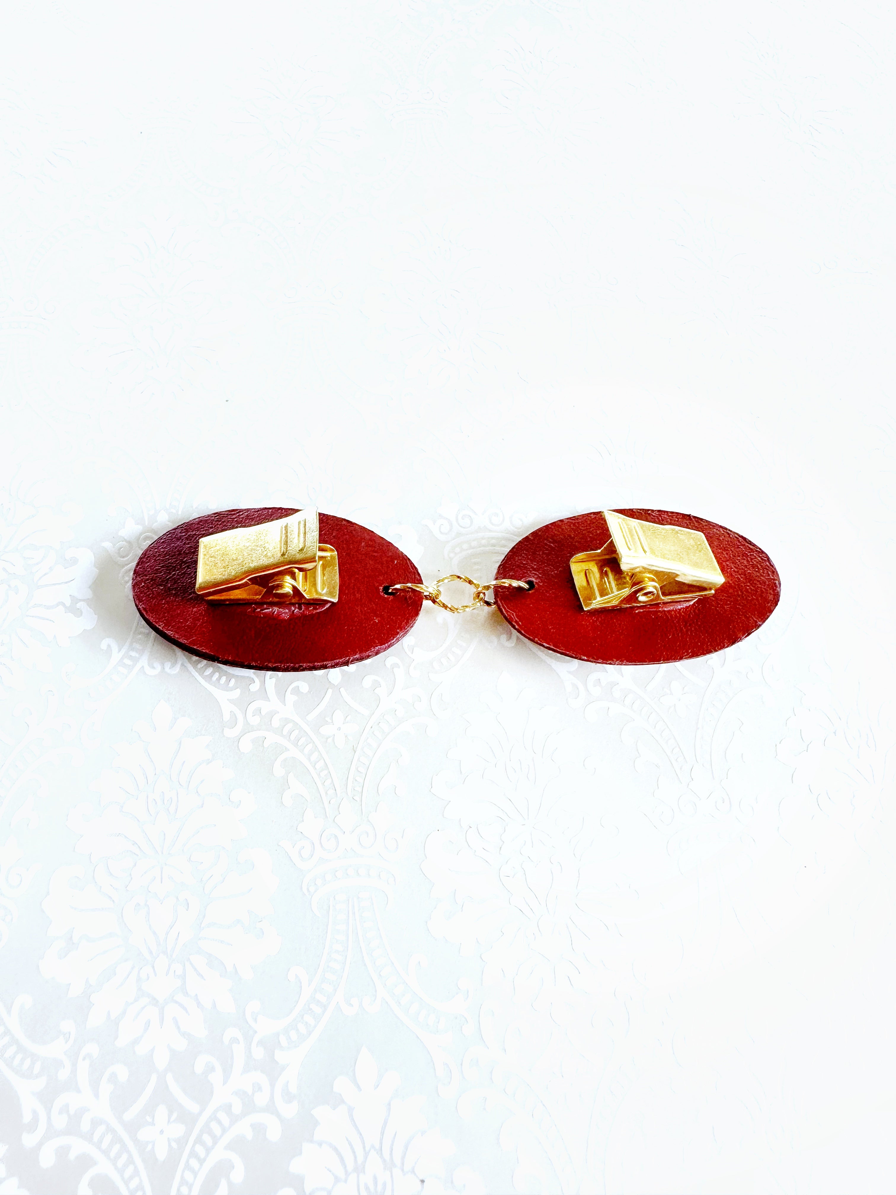 "Romantics" Gold on Red Leather Cinch Clips