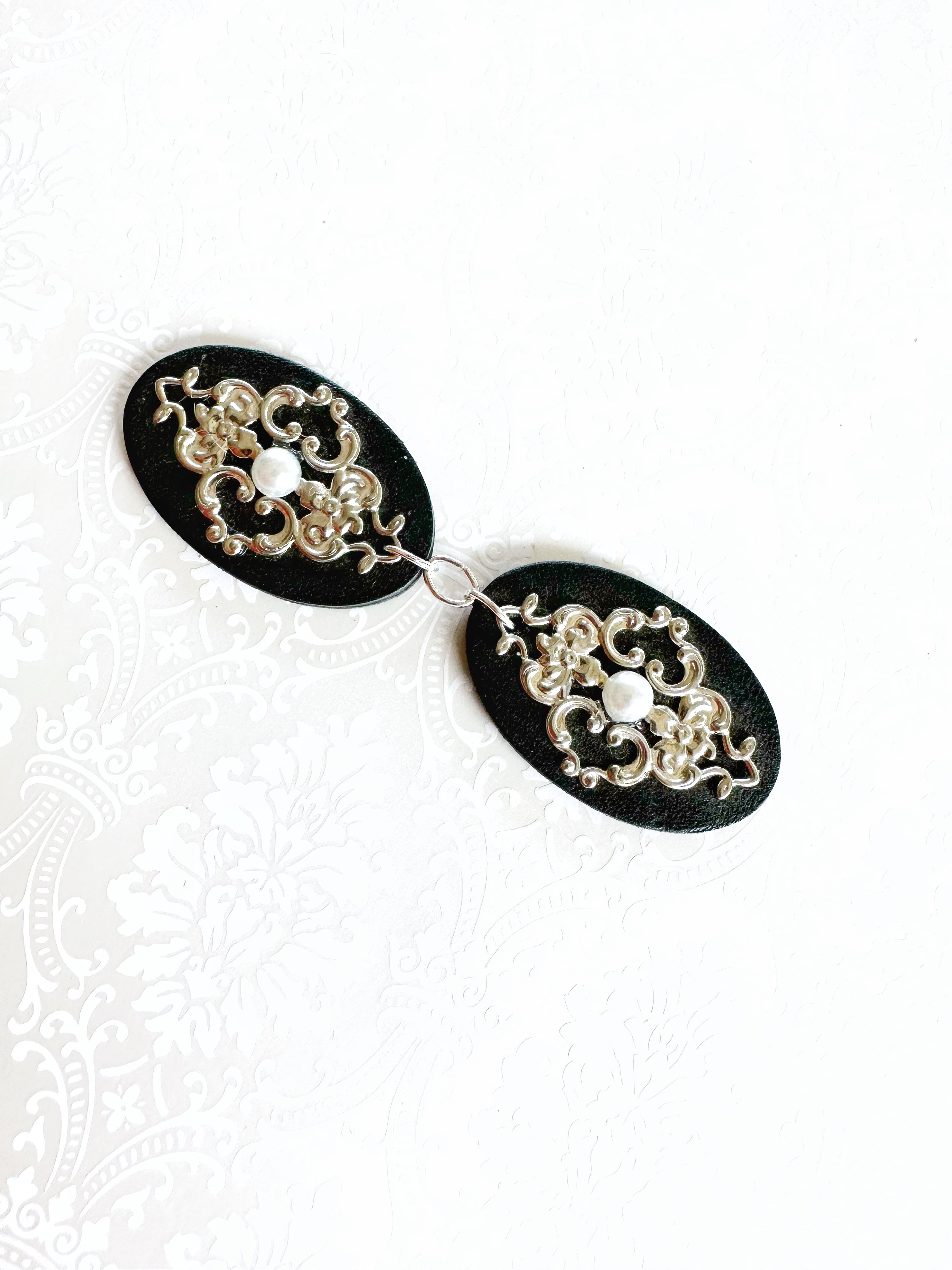 "Romantics" Silver on Black Leather Cinch Clips