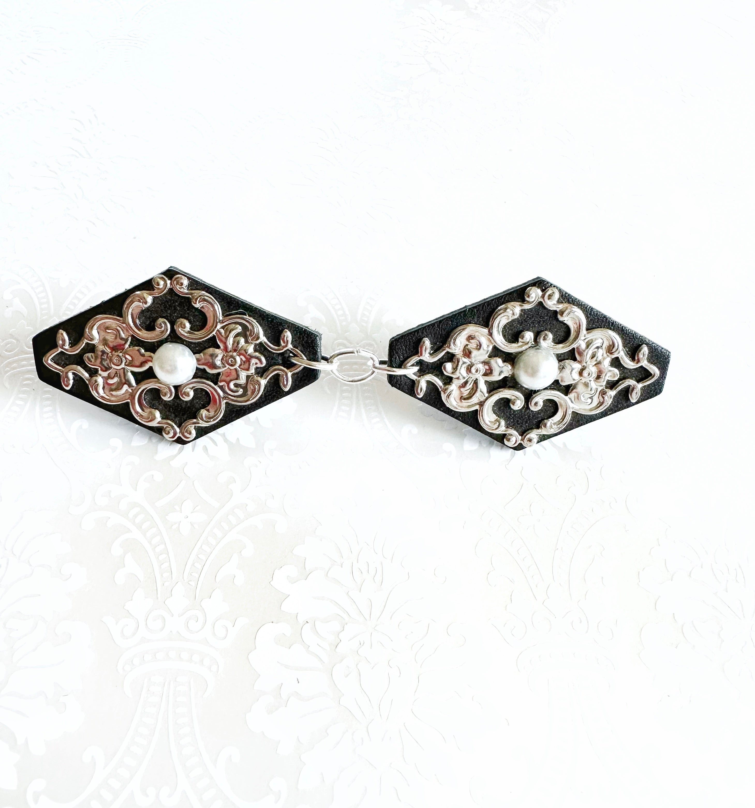 "Romantics" Silver on Black Leather Cinch Clips