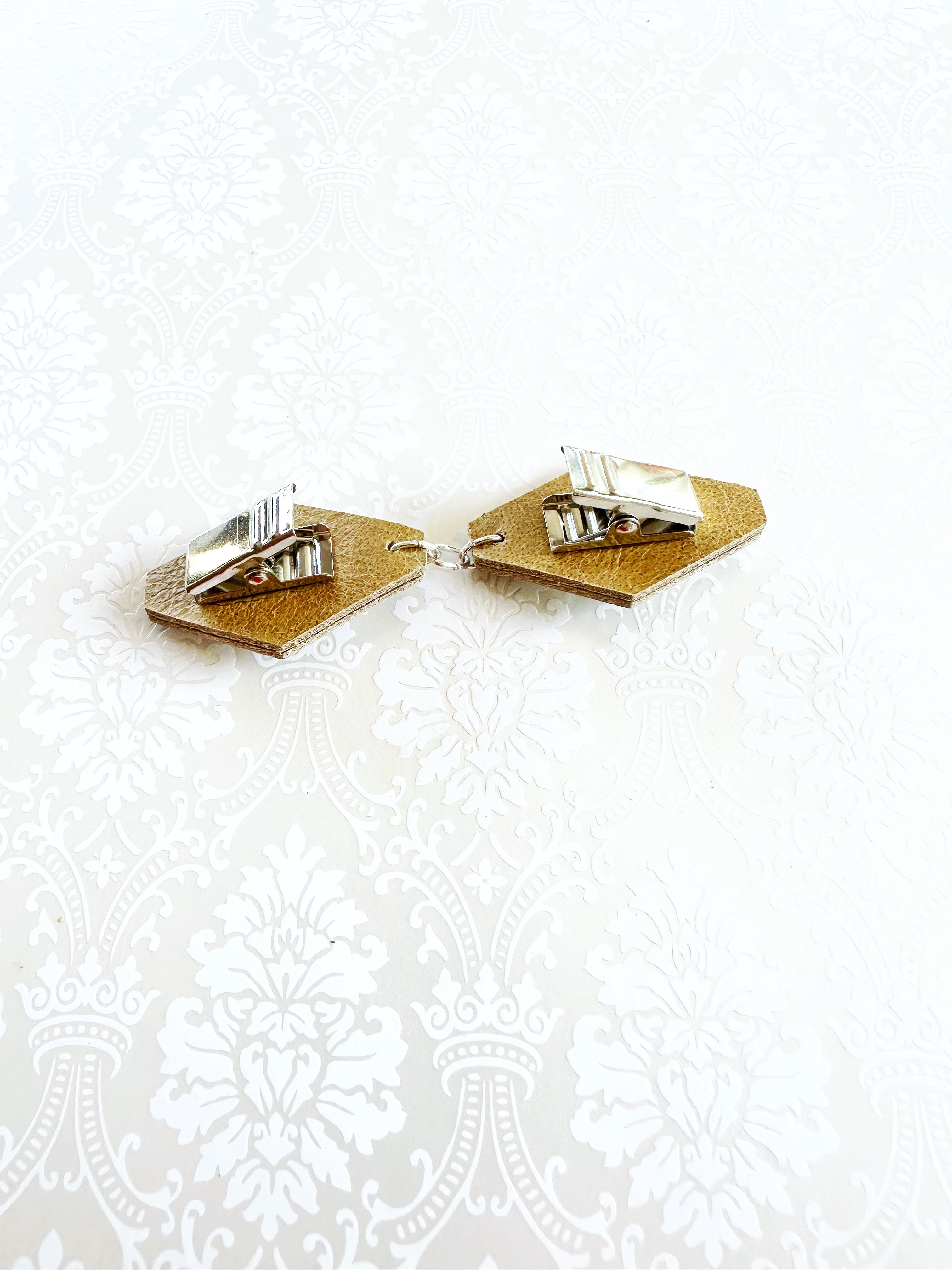 "Romantics" Silver on Butterscotch Leather Cinch Clips